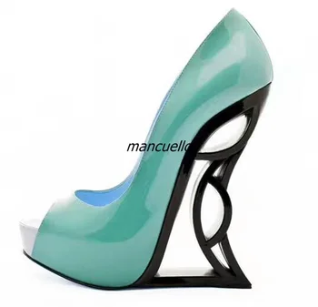 Fashion Color Patchwork PU Leather Strange Heel Shoes Sexy Peep Toe Cut-out Heel Slip-on Pumps Trend Party Date Shoes