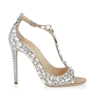 Ankle Peep Toe High-heel Newest Real Photo Sandals Thin Heel White/Black Summer Party Luxury Crystal Women elegant