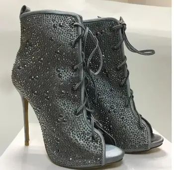 2017 summer hot selling crystal embellished lace-up boots sexy open toe thin heels ankle boots woman gladiator sandal boots