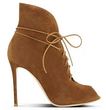 Suede leather peep toe lace up high heel ankle boots fashion ankle strap thigh high motorcycle boots