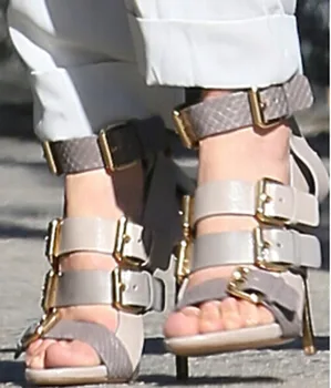Newest design open toe gold buckle decor metal heel sandal shoes fashion cut-outs gladiator sandals