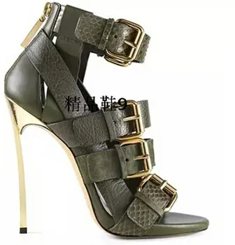 Newest design open toe gold buckle decor metal heel sandal shoes fashion cut-outs gladiator sandals