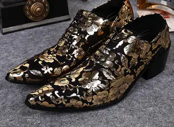 Fashion gold flower printed men shoes 2017 vintage lace-up dress shoes thin heels men party shoes pointed toe shoes