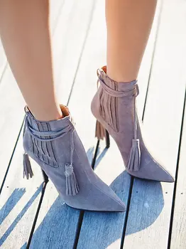 Fashion New Boots The New England Fringed Boots Sashionista Short Boots With a Fine Tip Size Scrub Tassel Pointed Toe