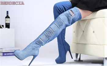 Newest women blue denim cut outs over the knee high boots thin platform stiletto heel long boots selling thigh high boots
