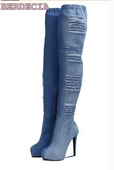 Newest women blue denim cut outs over the knee high boots thin platform stiletto heel long boots selling thigh high boots