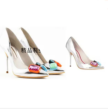 Woman fashion silver patent leather rhienstone decor high heels stiletto heel wedding dress shoes