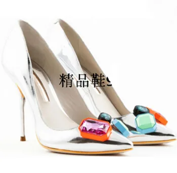 Woman fashion silver patent leather rhienstone decor high heels stiletto heel wedding dress shoes