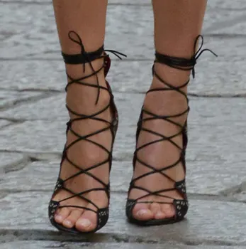 Awesome Lace Up Caged Chunky Fashion Sandals Back Zipper Black Sexy Stiletto High Heels Woman Sandal