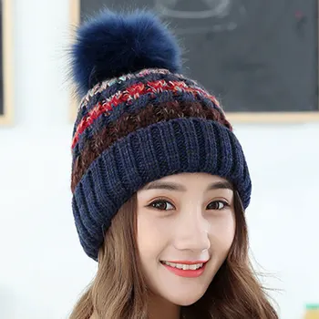 Autumn Winter Knitted Wool Hats For Women Fur Pompon Beanies Crochet Hat Female Warm Caps Mix Color Women Skullies Beanies