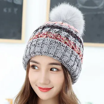 Autumn Winter Knitted Wool Hats For Women Fur Pompon Beanies Crochet Hat Female Warm Caps Mix Color Women Skullies Beanies