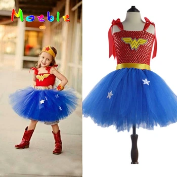 Latest Girls Wonder-Woman Tutu Dress Halloween Christmas Costume Girl Super Hero Tutu Dress Girls Photo Prop DT-1621