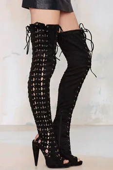 Women Sexy Suede Leather Cut-outs Over Knee Long Boots Peep Toe Lace Up Slingbacks Thigh High Boots