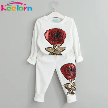 Keelorn Girls Clothing Sets 2017 Autumn Brand Kids Clothing Fashion Long Sleeve Roses Floral Embroidered Sequin Girls clothes