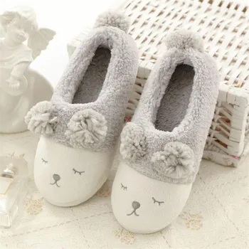 LIN KING Cute Cartoon Women Slippers Thick Plush Soft Sole Sheep Ears Home Shoes Slip On Flats Floor Slippers Winter Warm Shoes