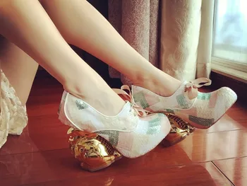 Sweet girl platform pumps lovely golden rabbit heel scales pumps round toe glitter cross strappy deep women shoes