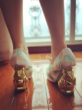 Sweet girl platform pumps lovely golden rabbit heel scales pumps round toe glitter cross strappy deep women shoes