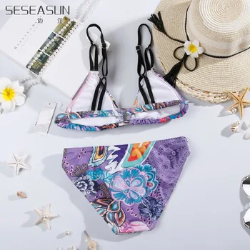 SESEASUN Wire Free Two Piece Bikinis Women Purple Printed Swimwear Girl Tankini Set 2016 New Spandex Micro Low Waist Swimsuit