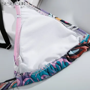 SESEASUN Wire Free Two Piece Bikinis Women Purple Printed Swimwear Girl Tankini Set 2016 New Spandex Micro Low Waist Swimsuit