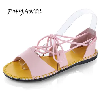 PHYANIC Fresh Candy Colors Women's Sandals Sweet Summer Open Toe Cross Ties Flat Beach Sandals for Woman PHY3419