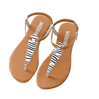 Women Fashion Summer Flat Flip Flops Sandals Leopard Printed PU Leather Bohemia Shoes Ladies Casual Beach Shoes for Women