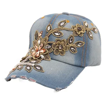 New Hat Women Diamond Flower Demin Baseball Cap Summer Style Lady Jeans Hats Femme Se5