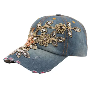 New Hat Women Diamond Flower Demin Baseball Cap Summer Style Lady Jeans Hats Femme Se5