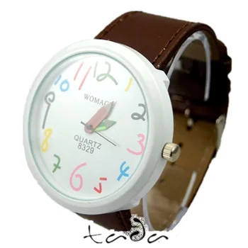 Cartoon pencil hand colored number funny quartz watch 9colors leather band fashion womage pencil pointer wristwatch