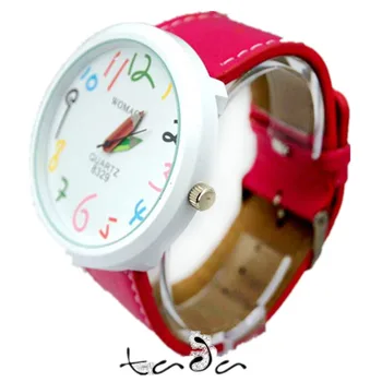 Cartoon pencil hand colored number funny quartz watch 9colors leather band fashion womage pencil pointer wristwatch