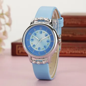 Kids Fashion Quartz Watch Rhinestone Flower Leather Strap Watches Student Cartoon Girls Wristwatch Crystal Children Clock LZ2162