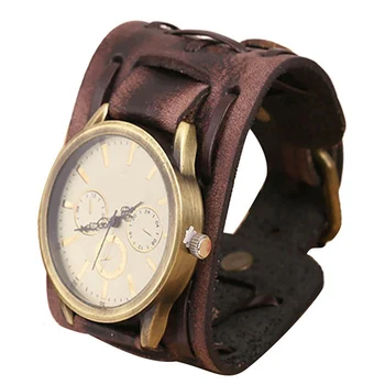 New Style relogio masculino quartz watch men Retro Punk Rock Cool wristwatches Brown Big Wide Leather Bracelet Cuff Men Watch#A