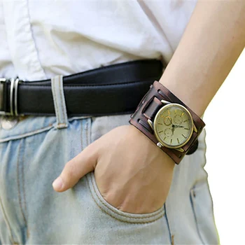 New Style relogio masculino quartz watch men Retro Punk Rock Cool wristwatches Brown Big Wide Leather Bracelet Cuff Men Watch#A