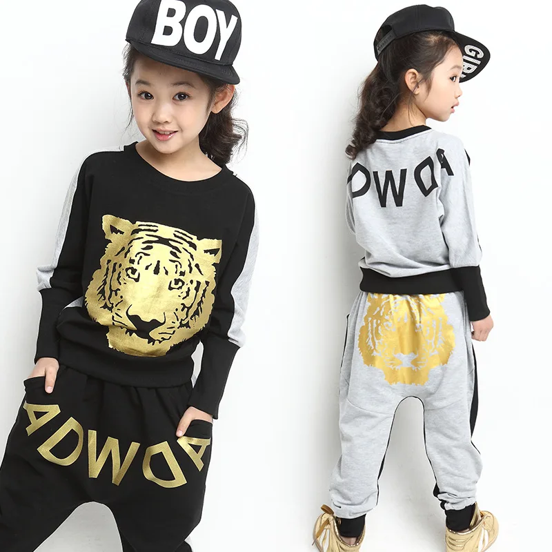 Spring/Autumn Kids Formal Suits For Girls Fashion Clothing Sets 2016 Animal Tiger Casual Clothing Sets Long Sleeve T-Shirt+Pants