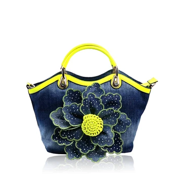 2016 Direct Selling Shell New Women Denim Bags Sweet Rose Pattern Handbags With Diamond Ladies Tote Bag Messenger