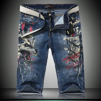 New Summer European Style Unique Animal Printed Denim Shorts Blue Painted Slim Fit Washed Jeans Shorts For Cool Men