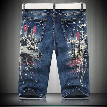 New Summer European Style Unique Animal Printed Denim Shorts Blue Painted Slim Fit Washed Jeans Shorts For Cool Men