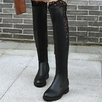 New Fashion Woman Round Toe Over Knee Boots Women Fashion Lace Winter Boot Ladies Brand Zipper Footwear Shoes Size 34-43