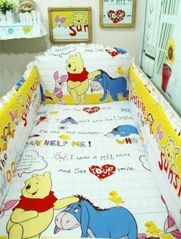 Promotion! 6PCS Winnie Baby Bedding Set crib kit Cotton Bumper Suit Winter Bedclothes ,include(bumpers+sheet+pillow cover)