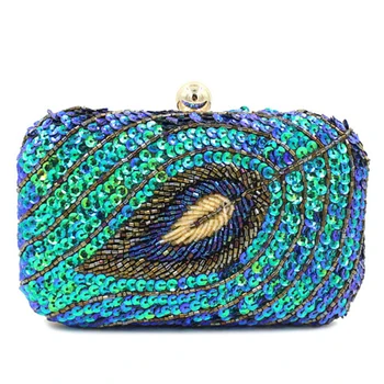 High-quality vintage fashion beaded sequined peacock feathers gradient wedding party clutch evening bag shoulder bag handbags
