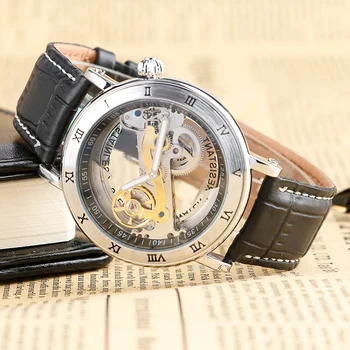 Modern Black Hollow Dial Men Mechanical Wristwatc Genuine Leather Band Automatic Self-Wind Round Fashion Male Clock Gift