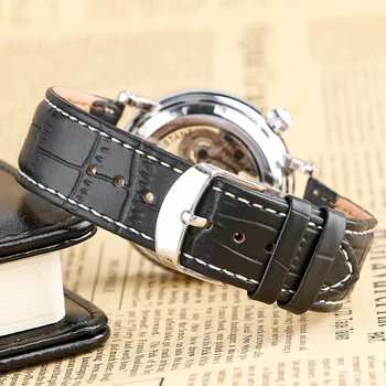 Modern Black Hollow Dial Men Mechanical Wristwatc Genuine Leather Band Automatic Self-Wind Round Fashion Male Clock Gift