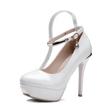 QUTAA 2017 Women Pumps Summer Ladies Shoe Thin High Heel PU Leather Ankle Strap Rhinestone Woman Wedding Shoes Size 34-39