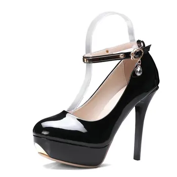 QUTAA 2017 Women Pumps Summer Ladies Shoe Thin High Heel PU Leather Ankle Strap Rhinestone Woman Wedding Shoes Size 34-39