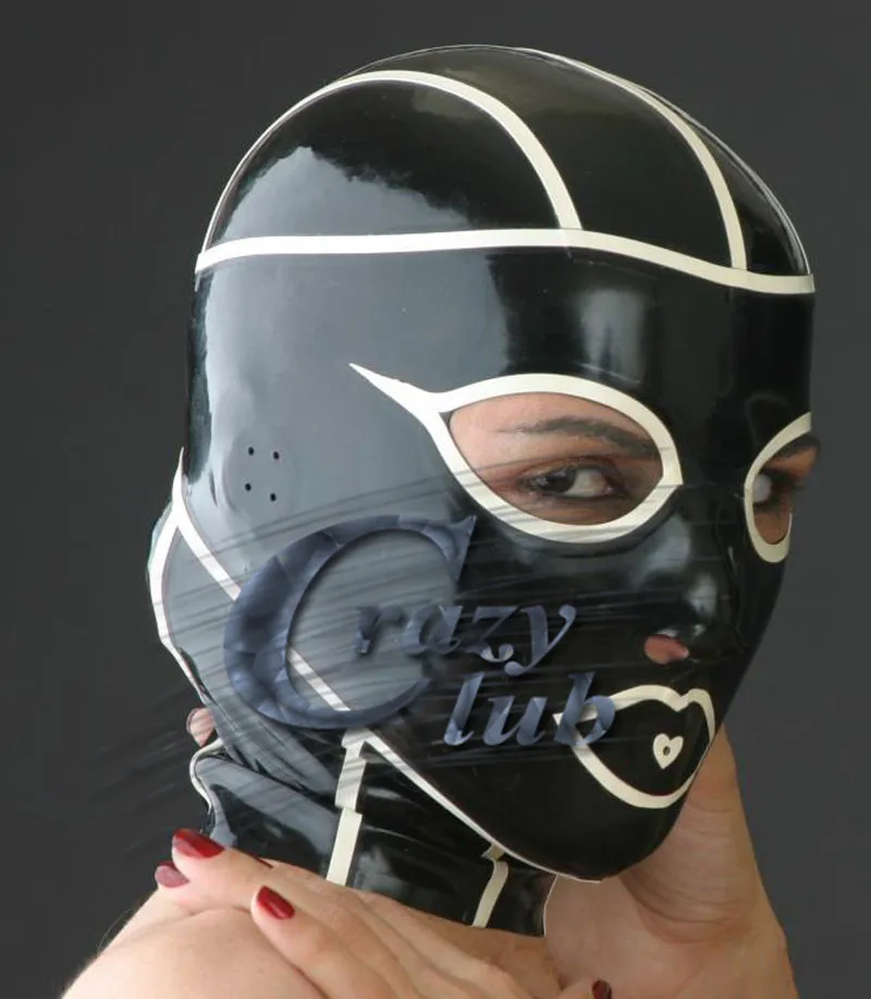 Crazy club_Customized Latex splice Hood Mask Fetish Latex hood mask black eyes and nose holes Sale Fast Delivery