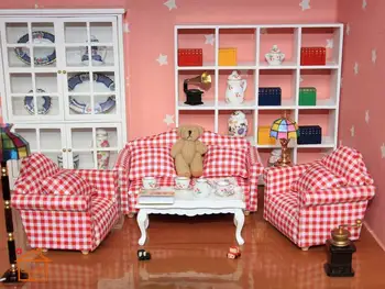 1:12 Dollhouse Living Room Sofa Table furniture Doll Play Armchair Toys 8pcs/set Red/Beige #SA05