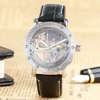 Modern Fashion Automatic Self-Wind Men Mechanical Wristwatch Hollow Dial Black Brown Genuine Leather Band Luxury Male Clock Gift