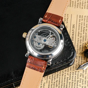 Modern Fashion Automatic Self-Wind Men Mechanical Wristwatch Hollow Dial Black Brown Genuine Leather Band Luxury Male Clock Gift