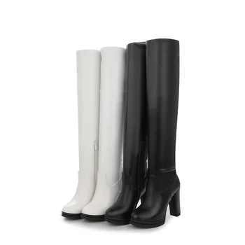 Fashion Round Toe ankle boots pu leather platform Ladies shoes woman black white Square heel 9.5 cm thigh high boots
