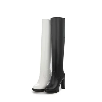 Fashion Round Toe ankle boots pu leather platform Ladies shoes woman black white Square heel 9.5 cm thigh high boots