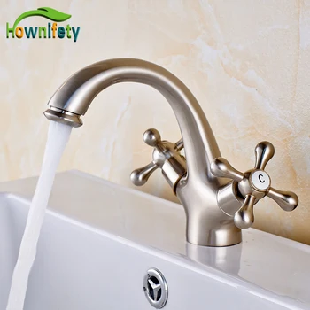 Nickel Brushed Contemporary Bathroom Sink Faucet Double Handles Hot and Cold Water Mixer Tap